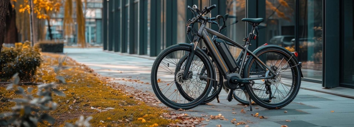 Twee e-bikes staan geparkeerd voor een kantoor
