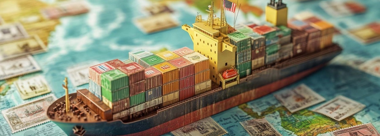 Handelsoorlog; een handelschip op een landkaart