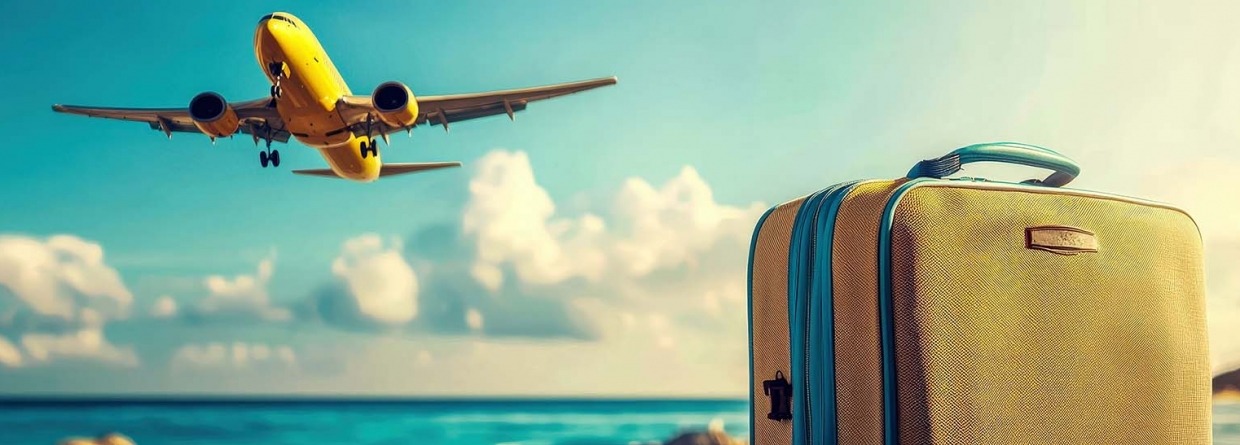 Geel vliegtuig vliegt boven een strand waar een koffer staat