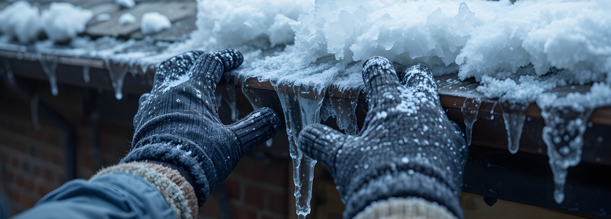 Handen met handschoenen halen ijs en sneeuw uit een dakgoot