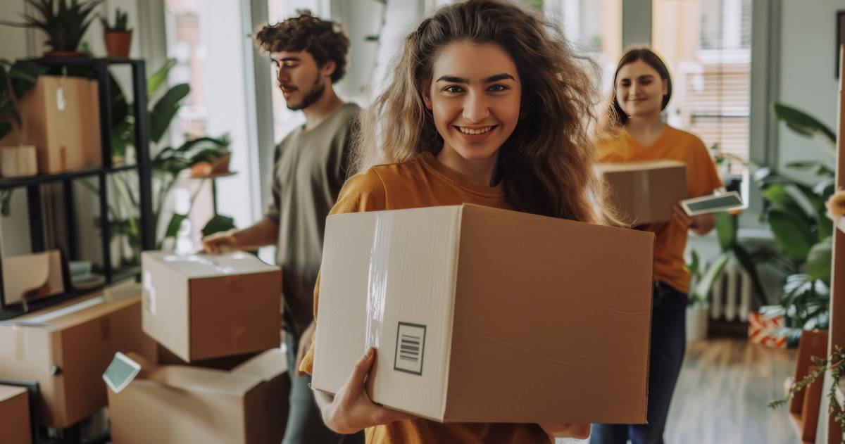 Jonge mensen die met verhuisdozen rondlopen en iemand helpen met verhuizen