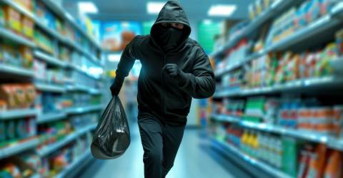 Een overvaller rent weg met een zak vol spullen uit een supermarkt