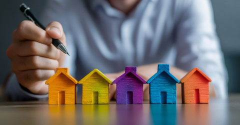 Man houdt pen vast en houdt hem boven gekleurde huisjes