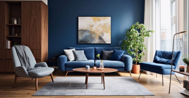 Interieurmodel met blauwe bank en een poster aan de muur, houten tafel en decor in een blauwe woonkamer.